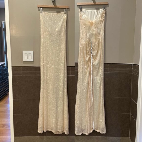 Lucy In The Sky Sequin Strapless Back Bow Maxi Formal Dress (Champagne) - Picture 7 of 16